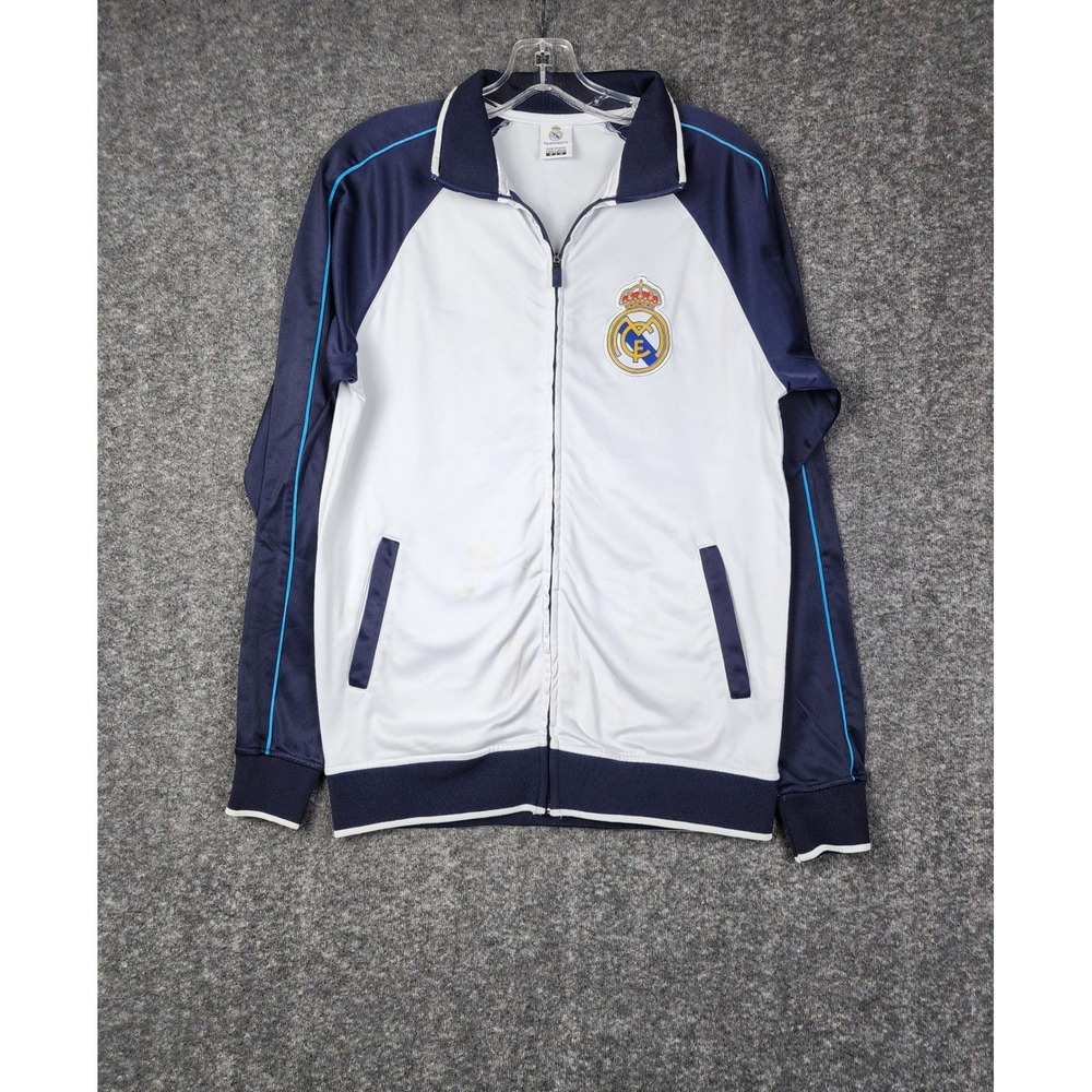 Real Madrid Track Jacket Mens Small White Navy Blue Full Zip Soccer Training